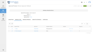 Application management software interface displaying application details and workflow status